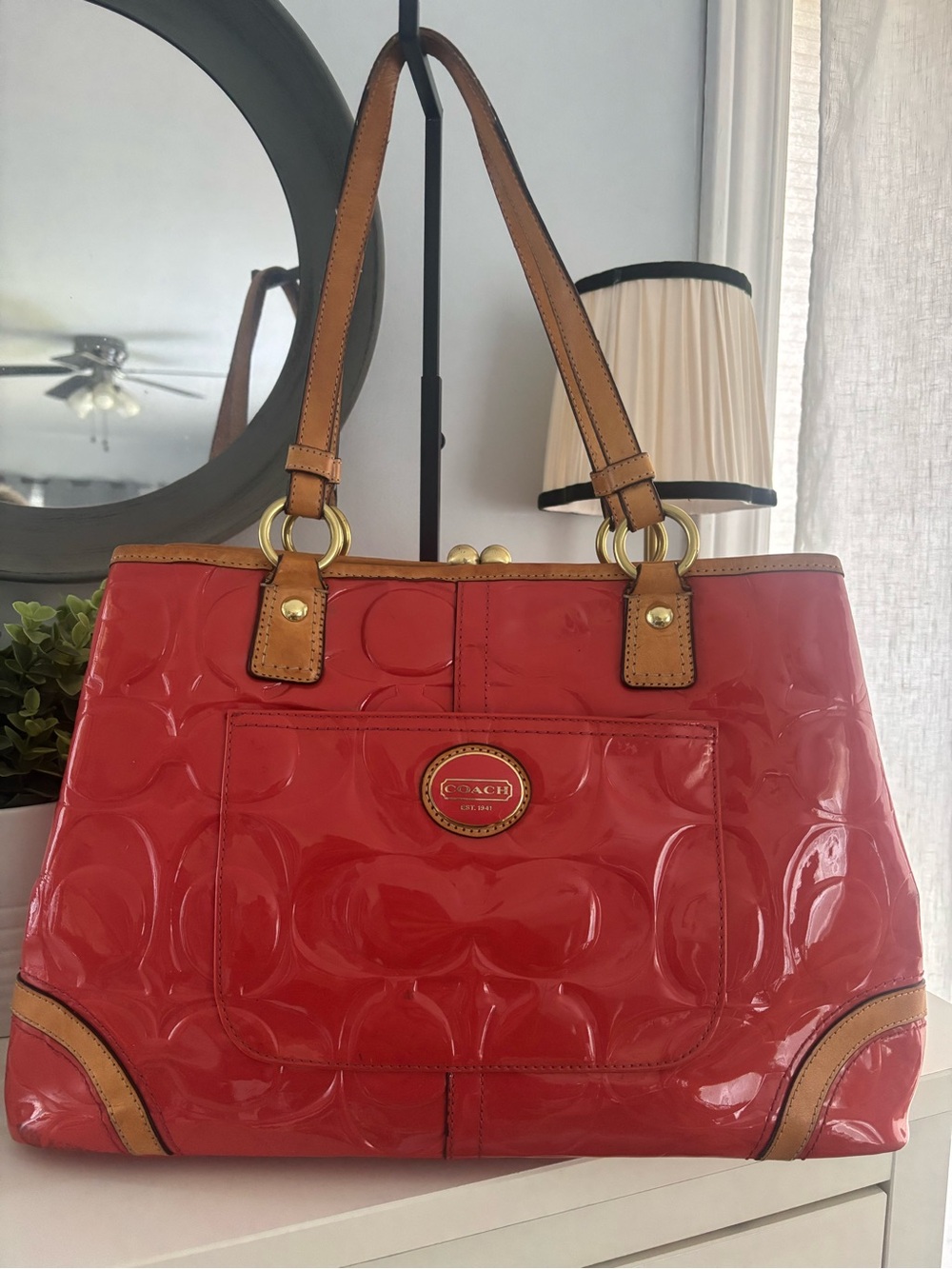 Coach papaya Peyton Glossy orange Patent Tote with Tan Trim